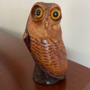 Hand Carved Wood Root OWL sculpture with glass eyes Vintage